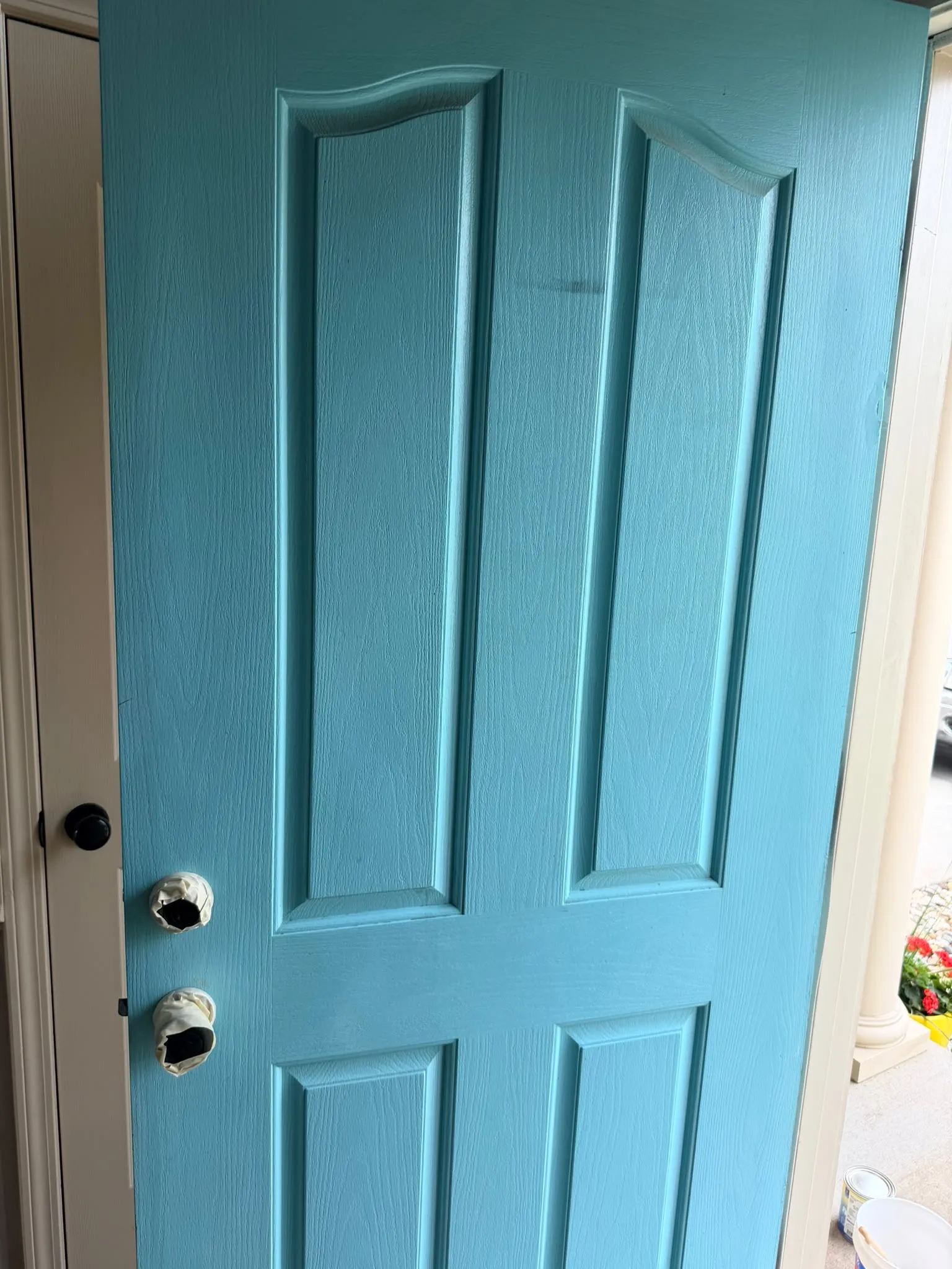 A teal front door